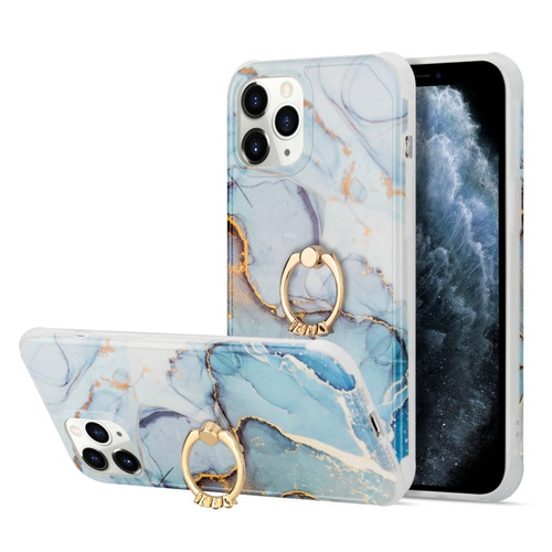 iPhone 13 Pro Max iPhone 13 Pro Max Four Corners Shocproof Flow Gold Marble IMD Back Cover Case with Metal Rhinestone Ring - Light Blue