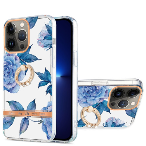 iPhone 13 Pro Max Ring IMD Flowers TPU Phone Case  - Blue Peony