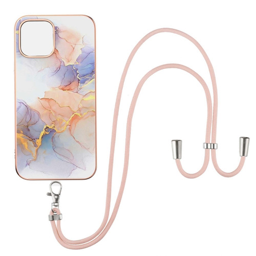 iPhone 13 Pro Max Electroplating Pattern IMD TPU Shockproof Case with Neck Lanyard - Milky Way White Marble
