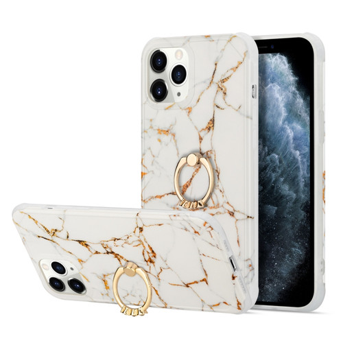 iPhone 13 Pro Max iPhone 13 Pro Max Four Corners Shocproof Flow Gold Marble IMD Back Cover Case with Metal Rhinestone Ring - White