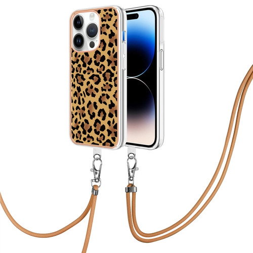 iPhone 13 Pro Max Electroplating Dual-side IMD Phone Case with Lanyard - Leopard Print