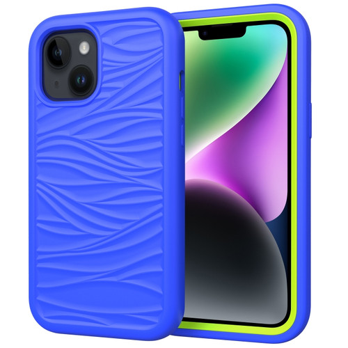 iPhone 15 Wave Pattern 3 in 1 Silicone + PC Phone Case - Blue+Olivine