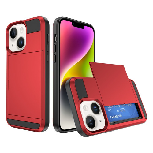 iPhone 15 Multifunction Armor Slide Card Slot Phone Case - Red