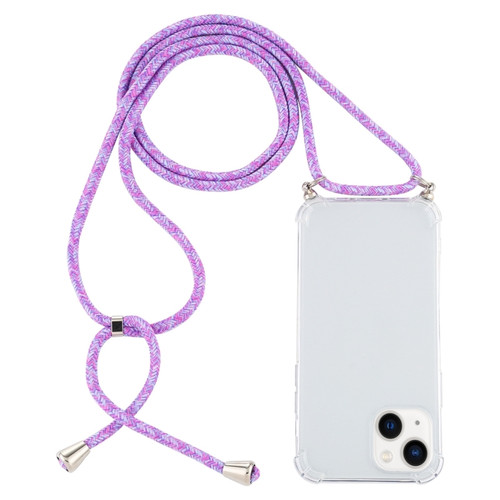 iPhone 15 Four-Corner Shockproof Transparent TPU Case with Lanyard - Purple