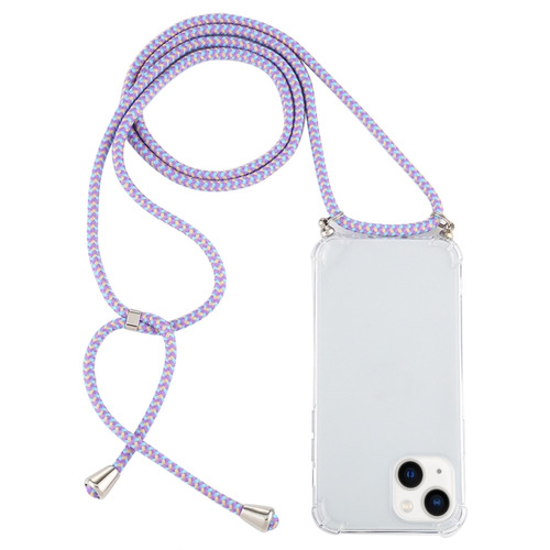 iPhone 15 Four-Corner Shockproof Transparent TPU Case with Lanyard - Purple Blue Yellow