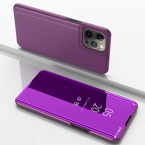 iPhone 14 Pro Max Plated Mirror Horizontal Flip Leather Phone Case with Holder  - Purple