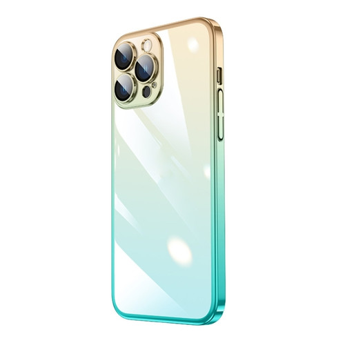 iPhone 14 Pro Max Transparent Electroplated PC Gradient Phone Case  - Cyan-blue Gold