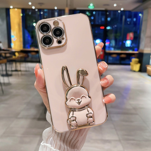 iPhone 14 Pro Max Plating Rabbit Holder Phone Case - Pink