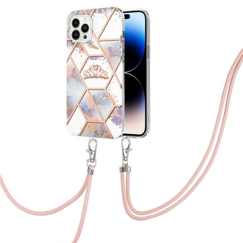 iPhone 14 Pro Max Electroplating Splicing Marble Flower Pattern TPU Shockproof Case with Lanyard  - Imperial Crown