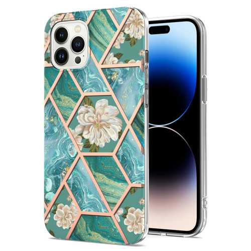 iPhone 14 Pro Max Electroplating Splicing Marble Flower Pattern TPU Shockproof Case  - Blue Flower