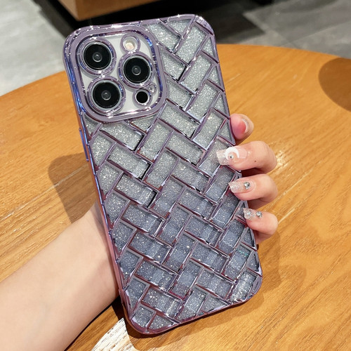 iPhone 14 Pro Max Woven Grid 3D Electroplating Laser Engraving Glitter Paper Phone Case - Purple