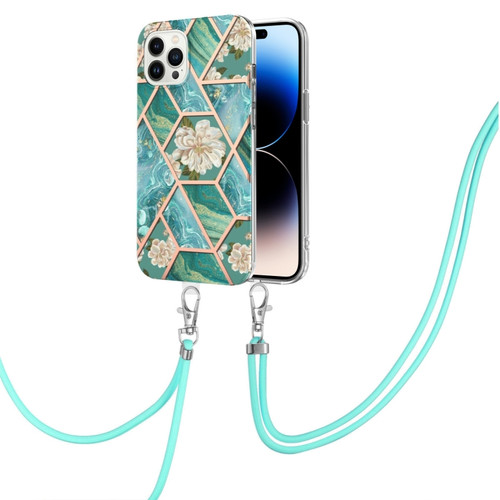iPhone 14 Pro Max Electroplating Splicing Marble Flower Pattern TPU Shockproof Case with Lanyard  - Blue Flower