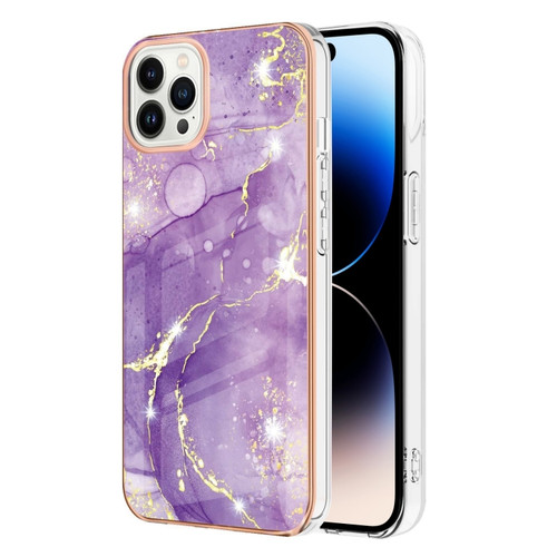 iPhone 14 Pro Max Electroplating Marble Pattern Dual-side IMD TPU Shockproof Phone Case - Purple 002