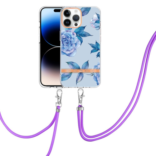 iPhone 14 Pro Max Flowers and Plants Series IMD TPU Phone Case with Lanyard  - Blue Peony