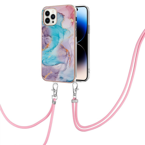 iPhone 14 Pro Max Electroplating Pattern IMD TPU Shockproof Case with Neck Lanyard - Milky Way Blue Marble