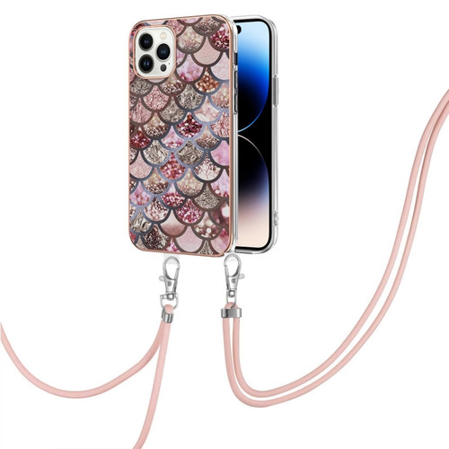 iPhone 14 Pro Max Electroplating Pattern IMD TPU Shockproof Case with Neck Lanyard  - Pink Scales