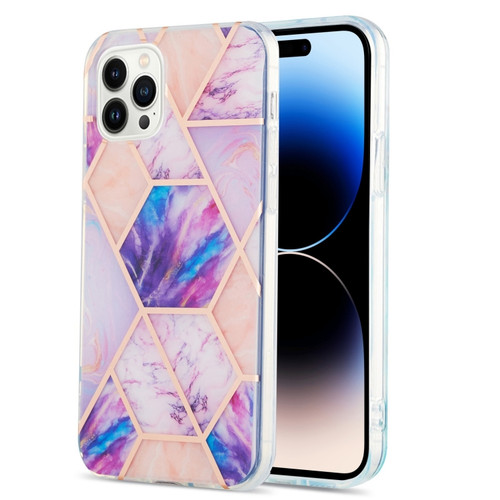 iPhone 14 Pro Max Electroplating Splicing Marble Flower Pattern Dual-side IMD TPU Shockproof Phone Case - Light Purple