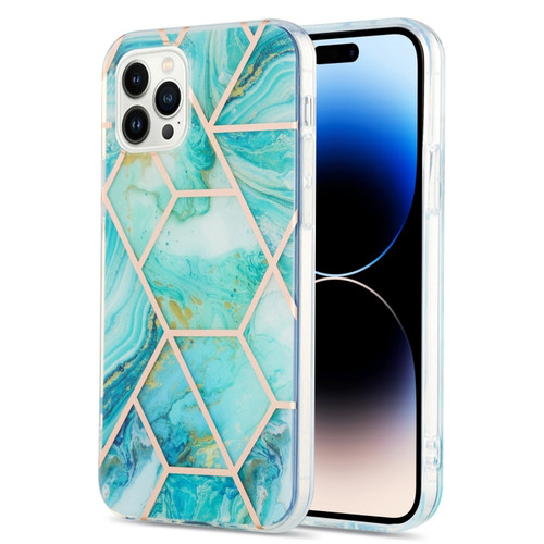 iPhone 14 Pro Max Electroplating Splicing Marble Flower Pattern Dual-side IMD TPU Shockproof Phone Case - Blue