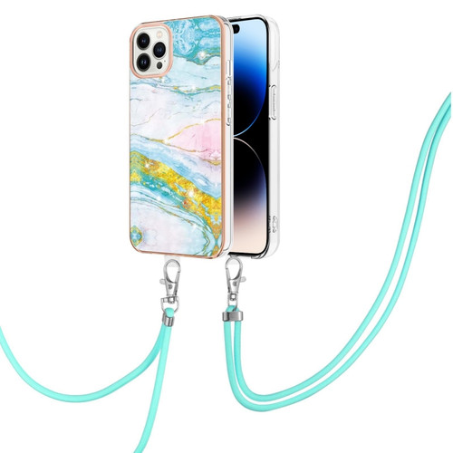 iPhone 14 Pro Max Electroplating Marble Pattern IMD TPU Shockproof Case with Neck Lanyard - Green 004