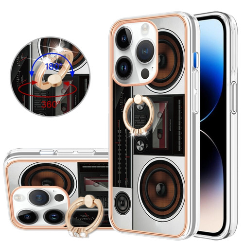 iPhone 14 Pro Max Electroplating Dual-side IMD Phone Case with Ring Holder - Retro Radio