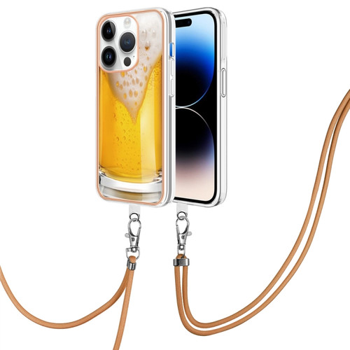 iPhone 14 Pro Max Electroplating Dual-side IMD Phone Case with Lanyard - Draft Beer