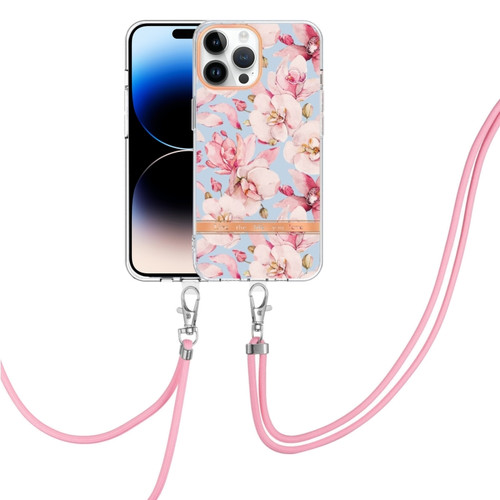 iPhone 14 Pro Max Flowers and Plants Series IMD TPU Phone Case with Lanyard  - Pink Gardenia