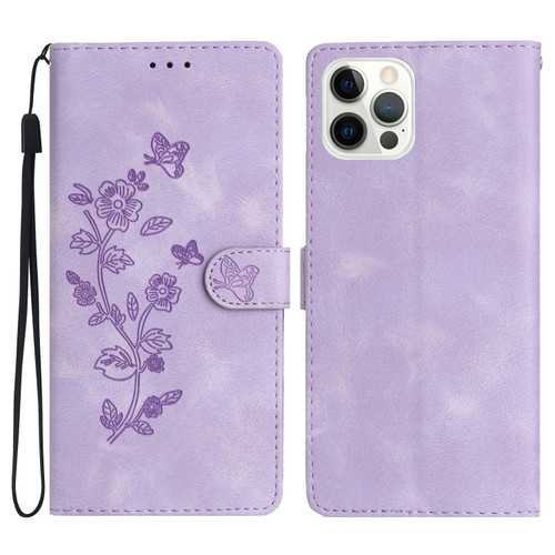 iPhone 14 Pro Max Flower Embossing Pattern Leather Phone Case - Purple