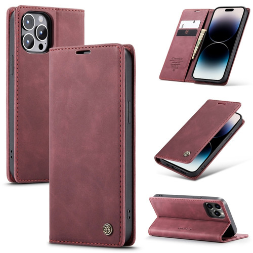 iPhone 14 Pro Max CaseMe-013 Multifunctional Retro Frosted Leather Phone Case  - Wine Red