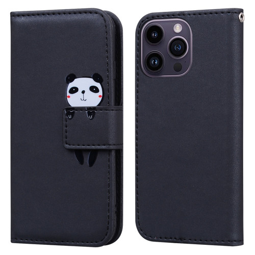 iPhone 14 Pro Max Cartoon Buckle Horizontal Flip Leather Phone Case - Black