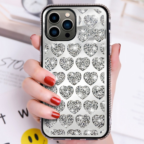 iPhone 14 Pro Max Love Hearts Diamond Mirror TPU Phone Case - Silver