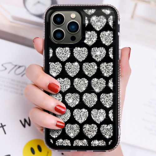 iPhone 14 Pro Max Love Hearts Diamond Mirror TPU Phone Case - Black