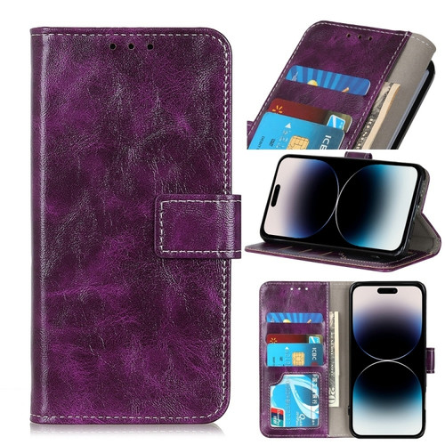 iPhone 14 Pro Max Retro Crazy Horse Texture Horizontal Flip Leather Phone Case  - Purple