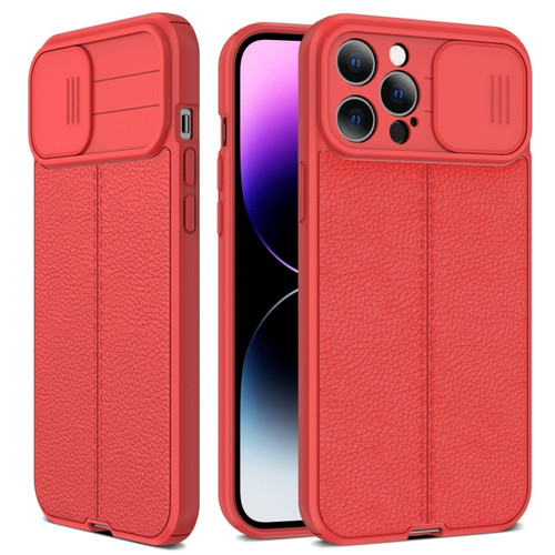 iPhone 14 Pro Max Litchi Texture Sliding Camshield TPU Protective Phone Case  - Red