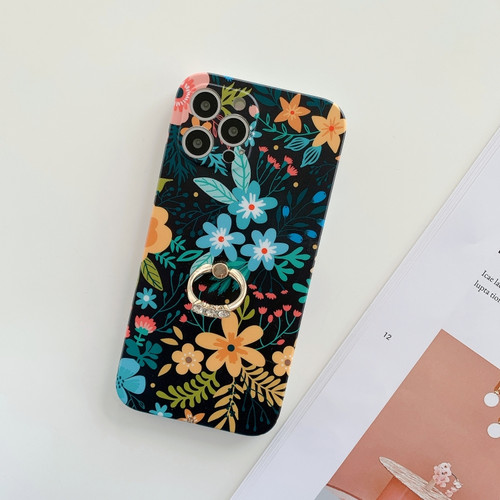 iPhone 11 Frosted Flowers Pattern IMD TPU Case with Metal Diamond Ring Holder - Black