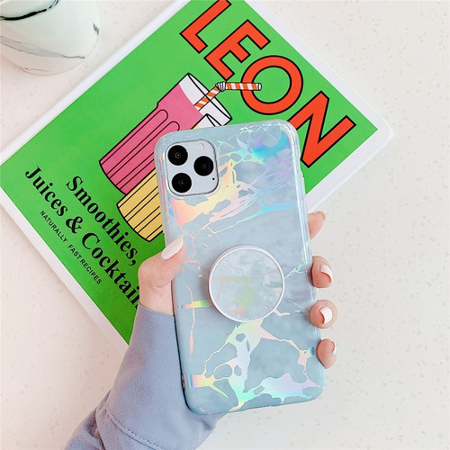 iPhone 11 Pro TPU Glossy Laser Marble Colorful Mobile Phone Protective Casewith Folding Bracket - Blue