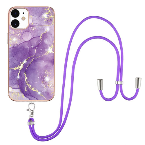 iPhone 12 / 12 Pro Electroplating Marble Pattern IMD TPU Shockproof Case with Neck Lanyard - Purple 002