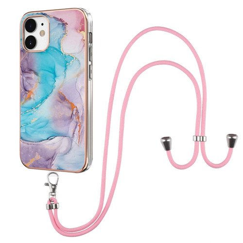 iPhone 12 / 12 Pro Electroplating Pattern IMD TPU Shockproof Case with Neck Lanyard - Milky Way Blue Marble