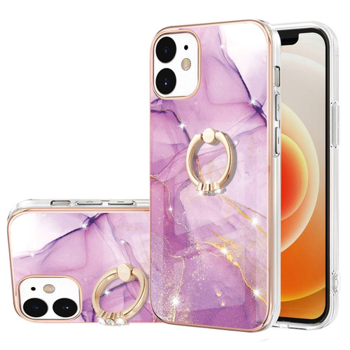 iPhone 12 / 12 Pro Electroplating Marble Pattern IMD TPU Shockproof Case with Ring Holder - Purple 001