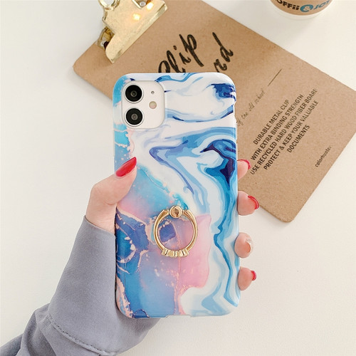 iPhone 12 Pro Max Ocean Wave Coral IMD TPU Smooth Marble Mobile Phone Protective Case with Ring Metal Rhinestone Holder - Blue SZ3