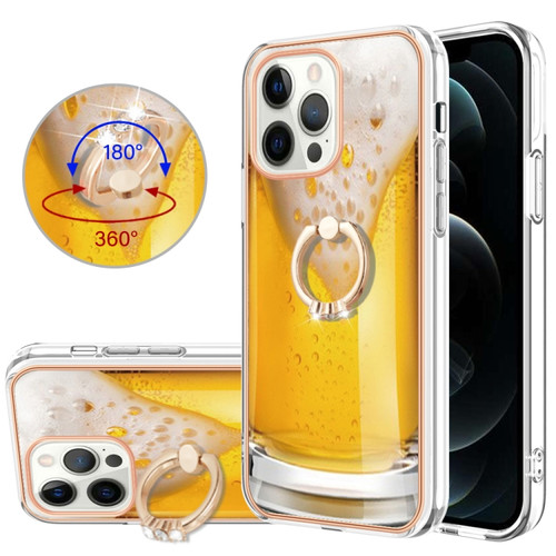 iPhone 12 Pro Max Electroplating Dual-side IMD Phone Case with Ring Holder - Draft Beer