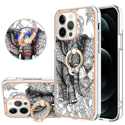 iPhone 12 Pro Max Electroplating Dual-side IMD Phone Case with Ring Holder - Totem Elephant