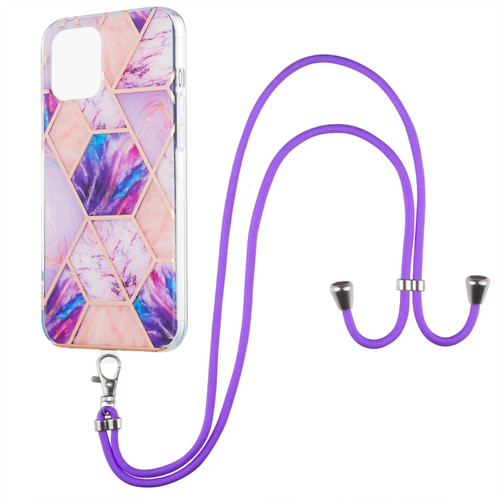 iPhone 13 Electroplating Splicing Marble Pattern Dual-side IMD TPU Shockproof Case with Neck Lanyard - Light Purple