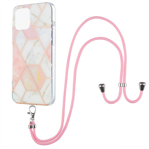 iPhone 13 Electroplating Splicing Marble Pattern Dual-side IMD TPU Shockproof Case with Neck Lanyard - Pink White
