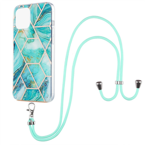 iPhone 13 Electroplating Splicing Marble Pattern Dual-side IMD TPU Shockproof Case with Neck Lanyard - Blue