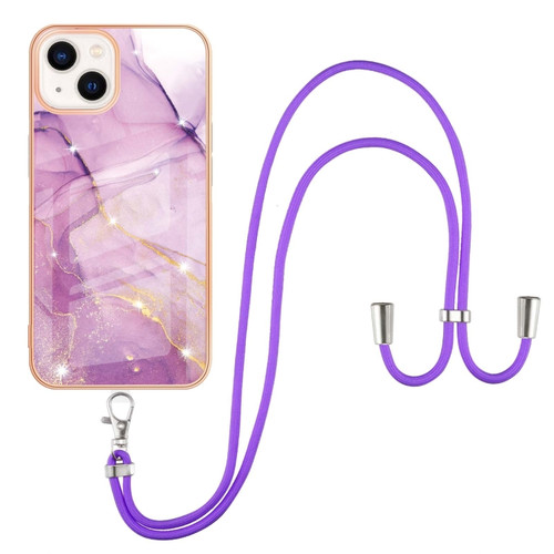 iPhone 13 Electroplating Marble Pattern IMD TPU Shockproof Case with Neck Lanyard - Purple 001