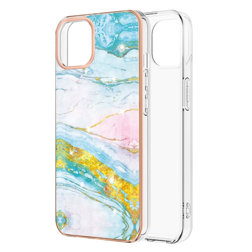 iPhone 13 Electroplating Marble Pattern Dual-side IMD TPU Shockproof Case - Green 004