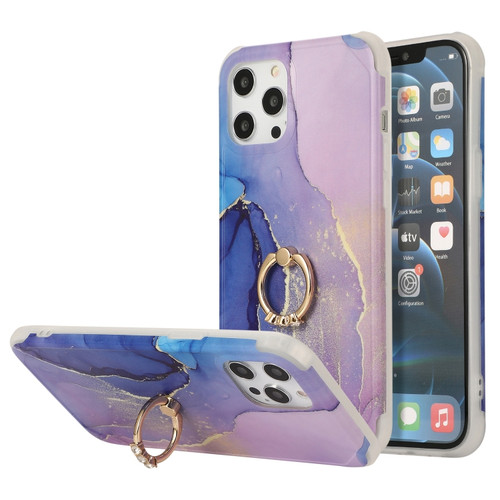 iPhone 13 Four Corners Shocproof Flow Gold Marble IMD Back Cover Case with Metal Rhinestone Ring iPhone 13 - Dark Blue