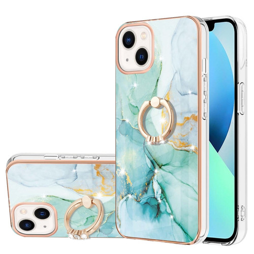 iPhone 13 Electroplating Marble Pattern IMD TPU Shockproof Case with Ring Holder - Green 003