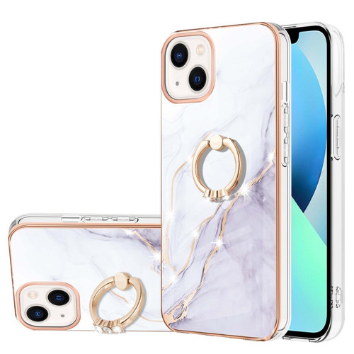 iPhone 13 Electroplating Marble Pattern IMD TPU Shockproof Case with Ring Holder - White 006