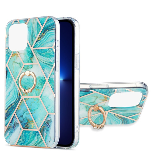 iPhone 13 Pro Electroplating Splicing Marble Pattern Dual-side IMD TPU Shockproof Case with Ring Holder - Blue
